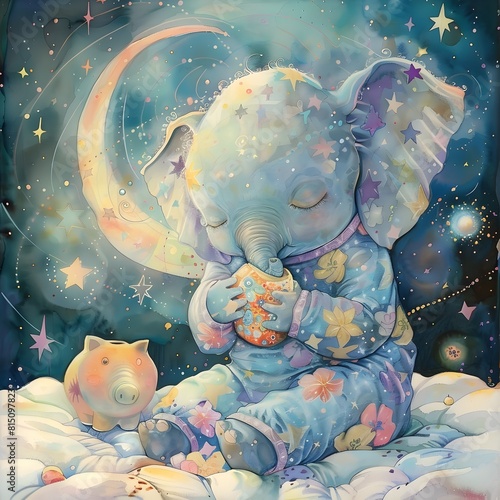 Baby Elephant in Starlit StarPrint Pajamas Dreams of Galaxies in a Whimsical Watercolor photo