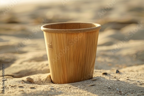 A highresolution image of a blank bamboo cup, positioned centrally on a sandy textured background, ideal for ecofriendly advertising photo