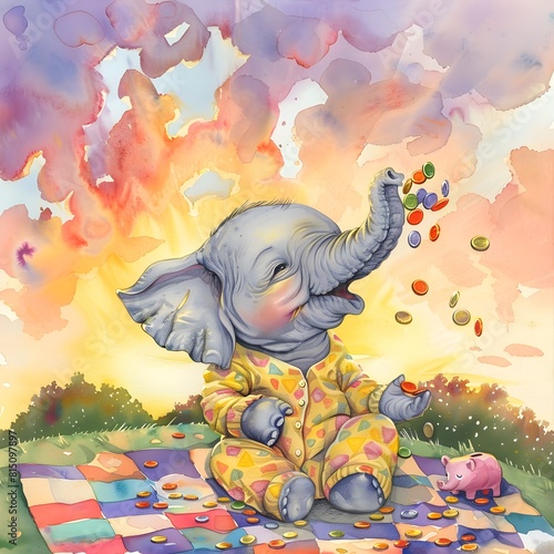 Baby Elephant in Yellow Jumpsuit Excitedly Shakes Piggy Bank Filled with Colorful Coins During Vibrant Sunset Picnic