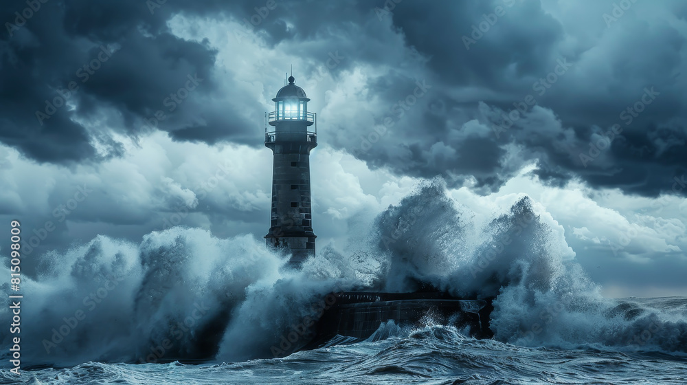 A lighthouse is in the middle of a stormy sea A lighthouse is in the middle of a stormy sea