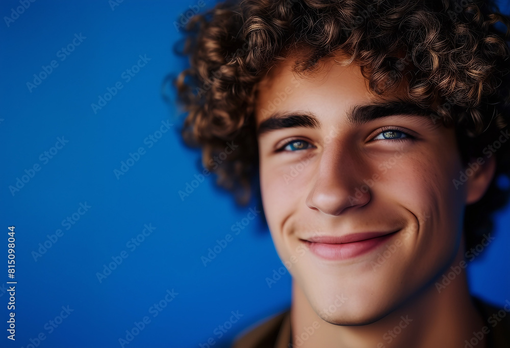 Portrait of a smiling young man with curly hair looking at camera isolated over blue background
Portrait of a smiling young man with curly hair looking at camera isolated over blue background