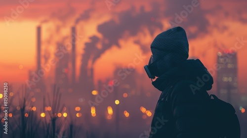 A man wearing a gas mask stands in front of a burning city. The sky is orange and the air is thick with smoke.
