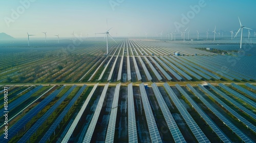 An aerial shot of solar panels and distant wind turbines against a clear blue sky  providing a vast empty space for advertising