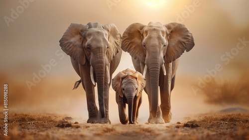 Three elephants  including a baby  walking together on a dusty plain at sunrise.