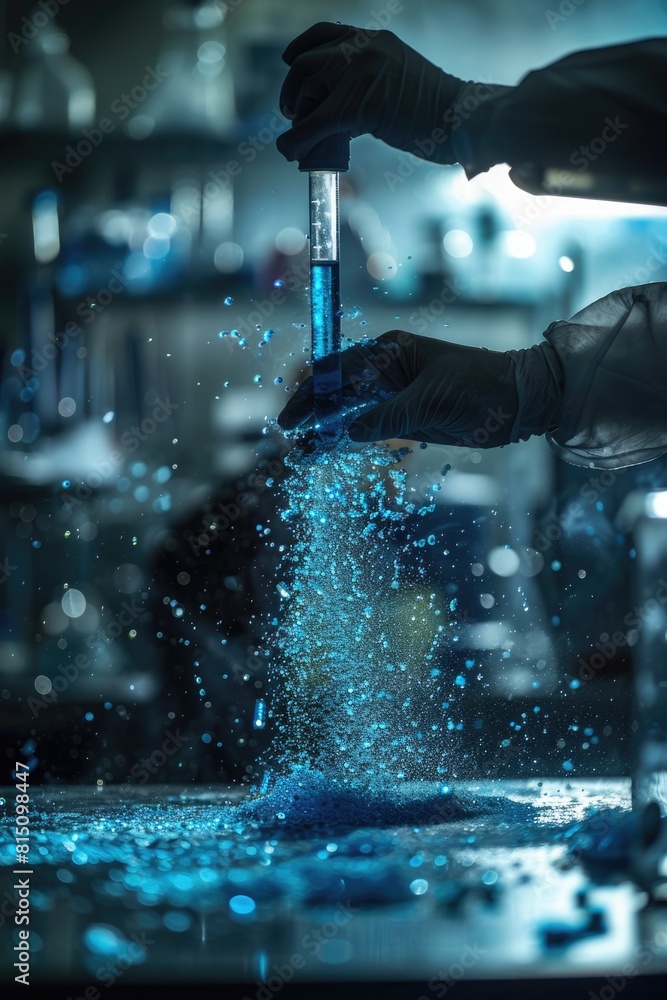 A person in black gloves pouring blue liquid into a glass. Suitable for science and chemistry concepts A person in black gloves pouring blue liquid into a glass. Suitable for science and chemistry concepts