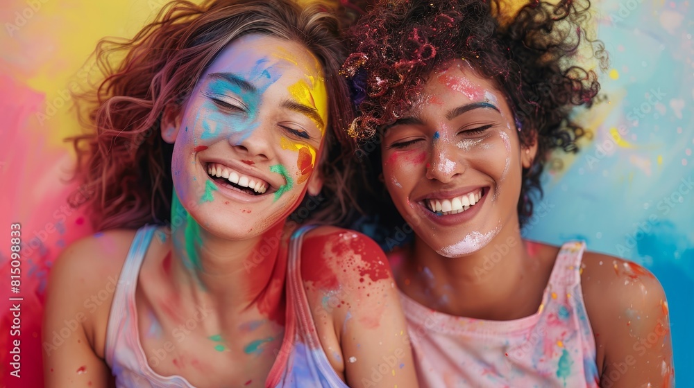 Fototapeta premium Joyful lesbian couple with rainbow colors painting their story of love