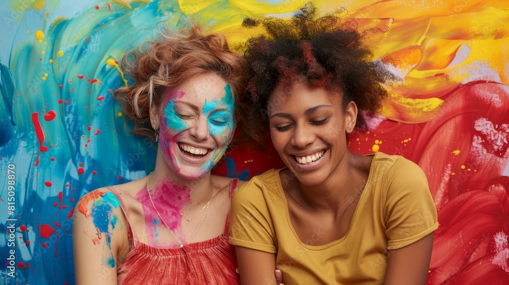 Obraz premium Joyful lesbian couple with rainbow colors painting their story of love