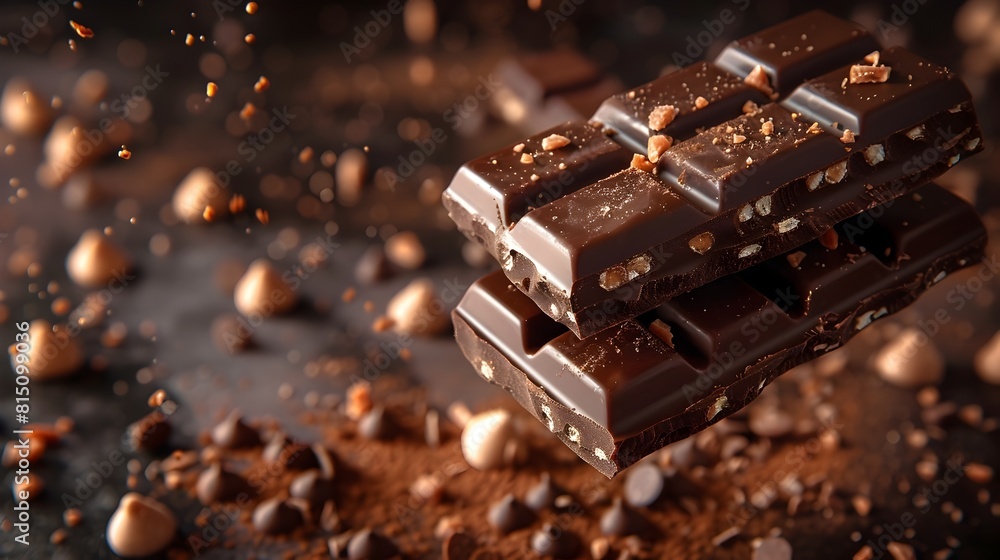 MultiLayered Chocolate Wafer Bar Suspended in MidAir Revealing Its Decadent Fillings MultiLayered Chocolate Wafer Bar Suspended in MidAir Revealing Its Decadent Fillings