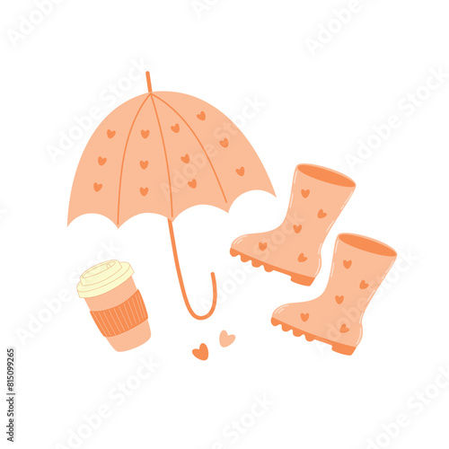 Vector set of autumn icons: umbrella, rubber boots, paper coffee cup in a modern peach fuzz color.
