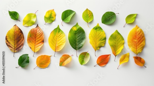 Arrangement of autumn leaves in yellow orange and green colors on a white background Flat lay view from above photo