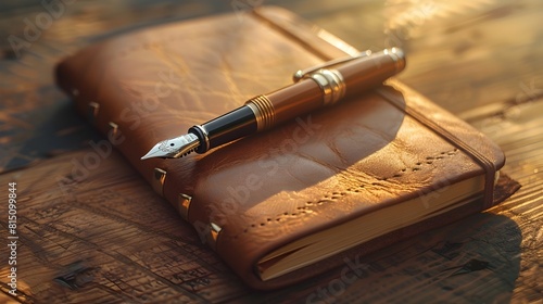 Sunlit Leather Bound Notebook Awaits Thoughtful Inscription with Fountain Pen