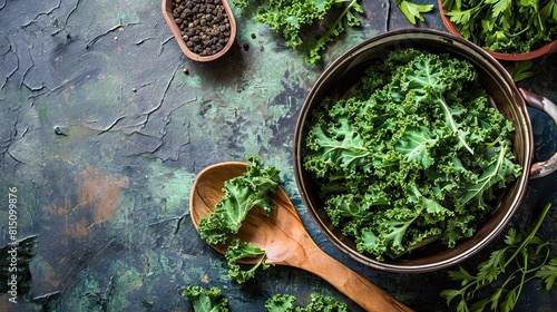 Fresh kale in cooking pot with wooden spoon on rustic background