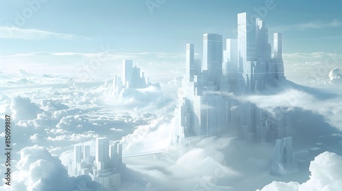 Surreal Minimalist White City Floating on a Platform Above a Sea of Clouds photo