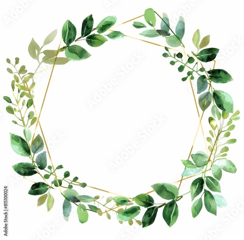 Handdrawn gold and green geometric wreath clipart 