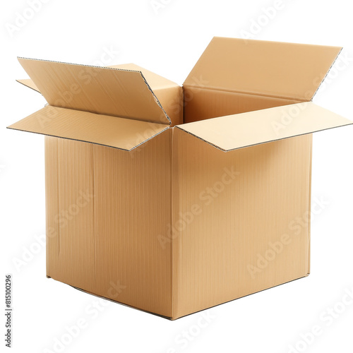 An open cardboard box placed on a plain white surface, a cardboard box isolated on transparent background photo