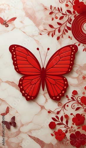 marble background with flower designs and butterfly silhouette, wall decoration in Red tones