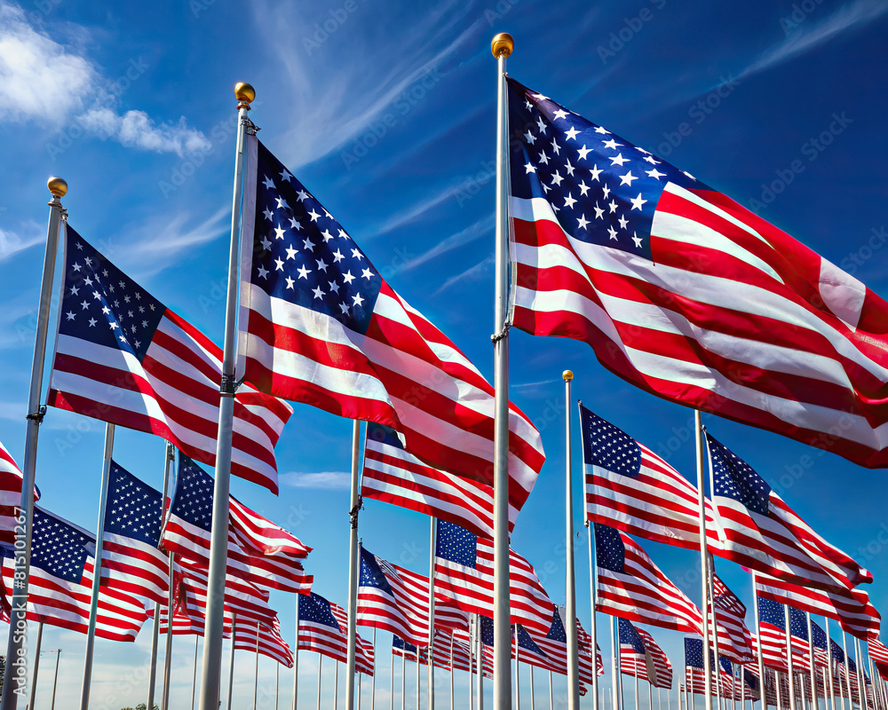 Close-up of American flags waving in the wind against a blue sky, symbolizing freedom and independence