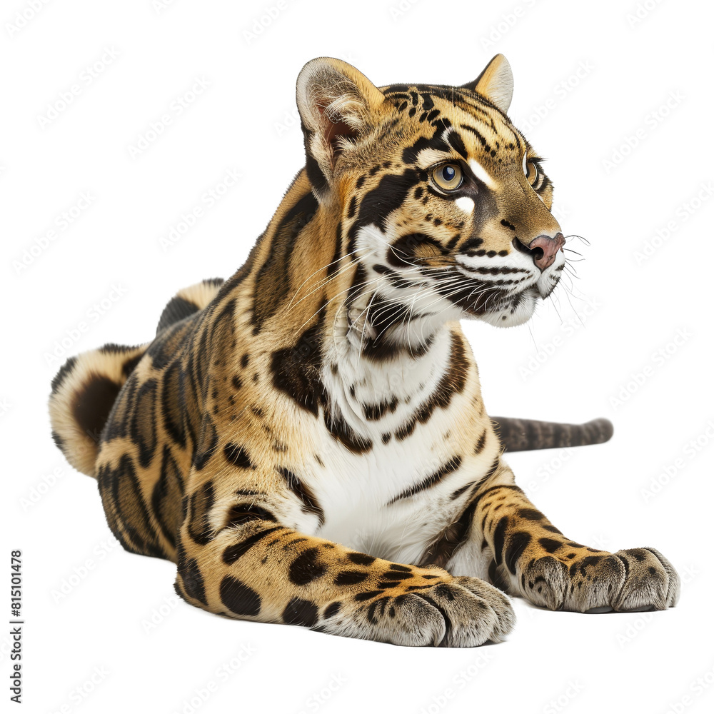 Obraz premium A tiger rests quietly on the ground in front of a plain white backdrop, a clouded leopard isolated on transparent background