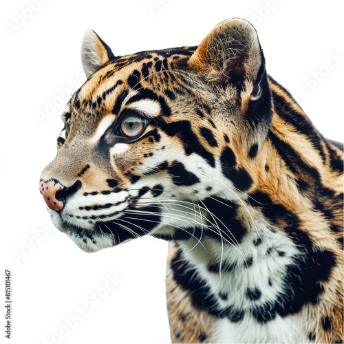 A detailed view of an ocelot standing against a plain white backdrop  a clouded leopard isolated on transparent background