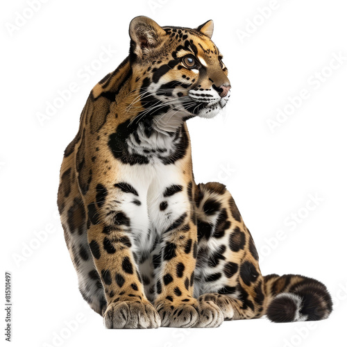 A leopard sitting in front of a white backdrop  a clouded leopard isolated on transparent background