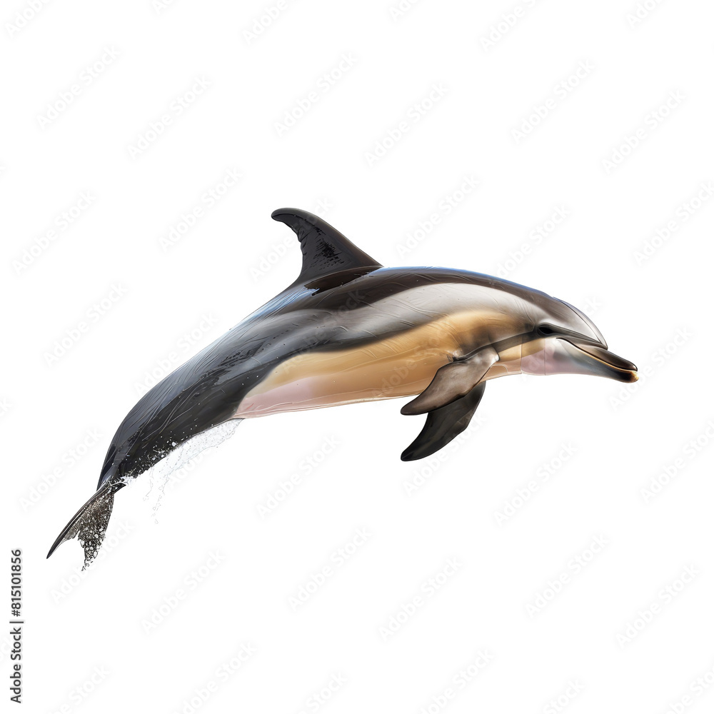 Obraz premium A common dolphin leaps energetically in the air against a Png background, a common dolphin isolated on transparent background