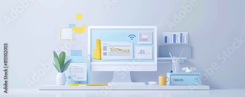 Modern office workspace with computer showing data analytics on screen. 3D illustration with minimalist style