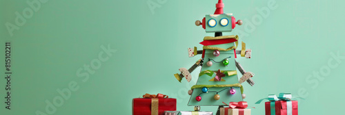 Creative Christmas Robot Tree with Decorated Gifts on Mint Green Background photo