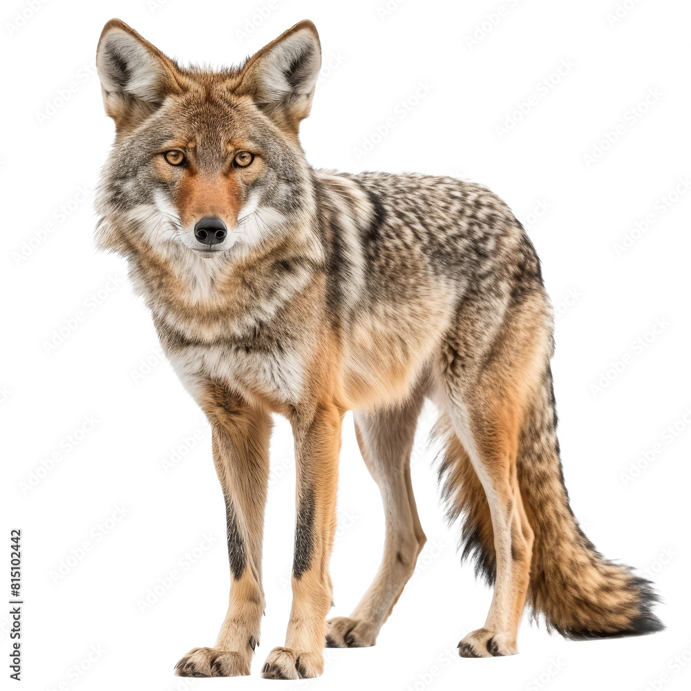 A coyote stands confidently in front of a plain Png background, a coyote isolated on transparent background