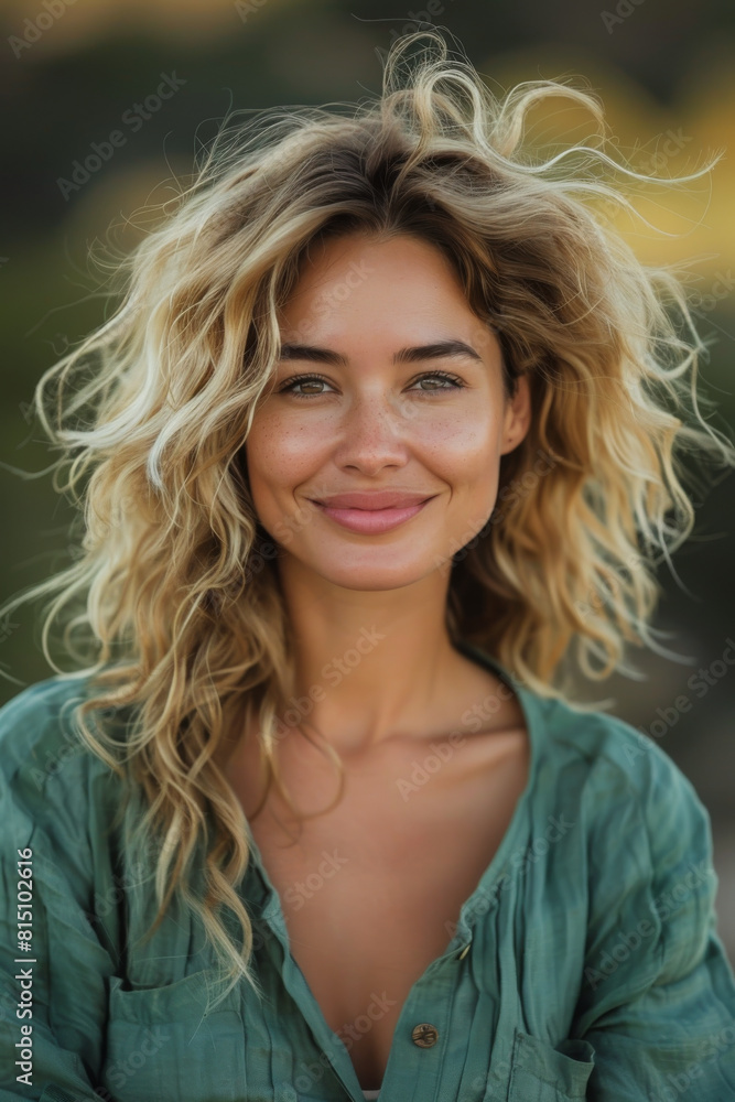 Fototapeta premium Smiling Woman with Wavy Blonde Hair Outdoors in Nature Wearing Green Shirt