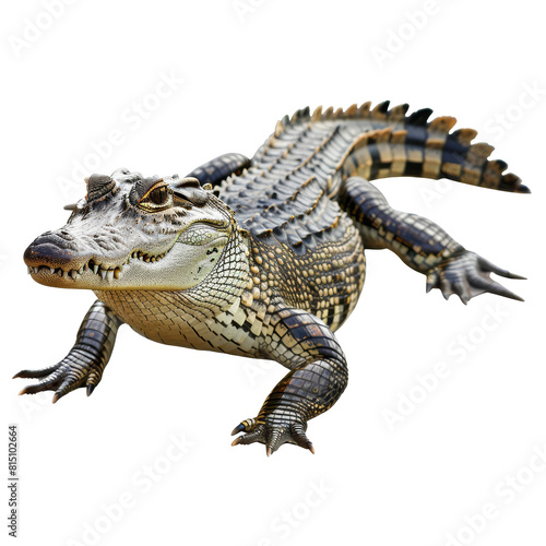 A large crocodile is shown against a white backdrop  a crocodile isolated on transparent background