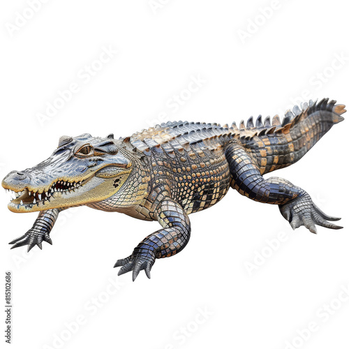 A detailed sculpture of a crocodile  prominently displayed on a plain white backdrop  a crocodile isolated on transparent background