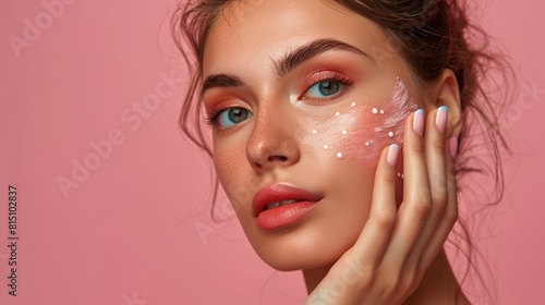 Young woman with pink makeup applying cream on face. Close-up portrait on pink background. Creative beauty and skincare concept