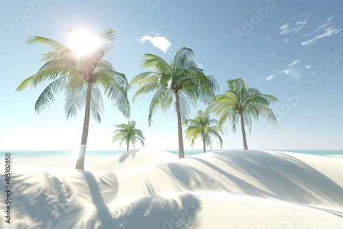 A digital oasis in the desert  with holographic palm trees swaying gently in the breeze against a backdrop of pristine white sands.