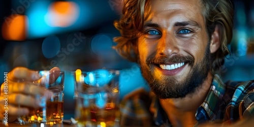 A man smiling and declining alcohol, indicating to stop drinking whiskey. Concept 1, Positivity & Sobriety,.2, Health & Well-being,.3, Refusing Alcohol,.4, Sobriety Awareness,.5