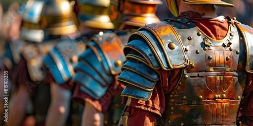 Reenactors in Authentic Roman Armor Recreating Historical Battles. Concept Roman History, Reenactment, Ancient Warfare, Historical Battles, Authentic Armor
