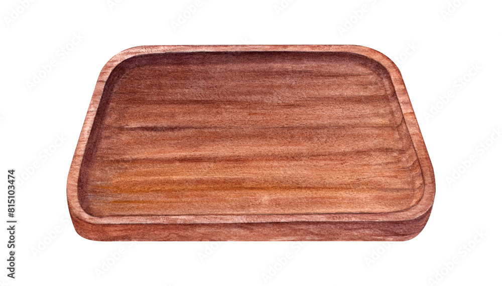 Wood tray for carrying food and serving breakfast. Brown texture. Natural eco friendly board. Empty plate for fruit or snack. Utensil made of walnut or beech. Watercolor illustration for design Wood tray for carrying food and serving breakfast. Brown texture. Natural eco friendly board. Empty plate for fruit or snack. Utensil made of walnut or beech. Watercolor illustration for design