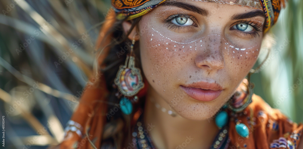 Close-up of a beautiful gypsy woman wearing colorful ethnic fabric with intricate patterns, banner Close-up of a beautiful gypsy woman wearing colorful ethnic fabric with intricate patterns, banner