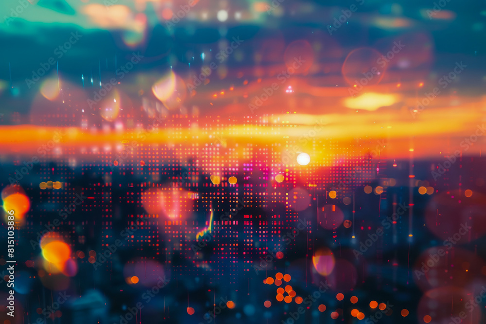 Fototapeta premium Digital Abstract Cityscape with Bokeh Lights and Sunset Reflections