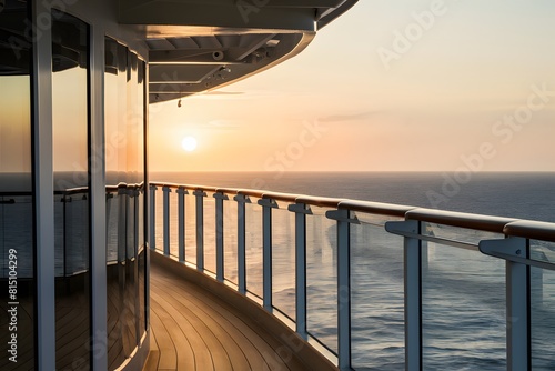 Serene ocean view framed by sleek railings and glass panels on cruise ship deck
