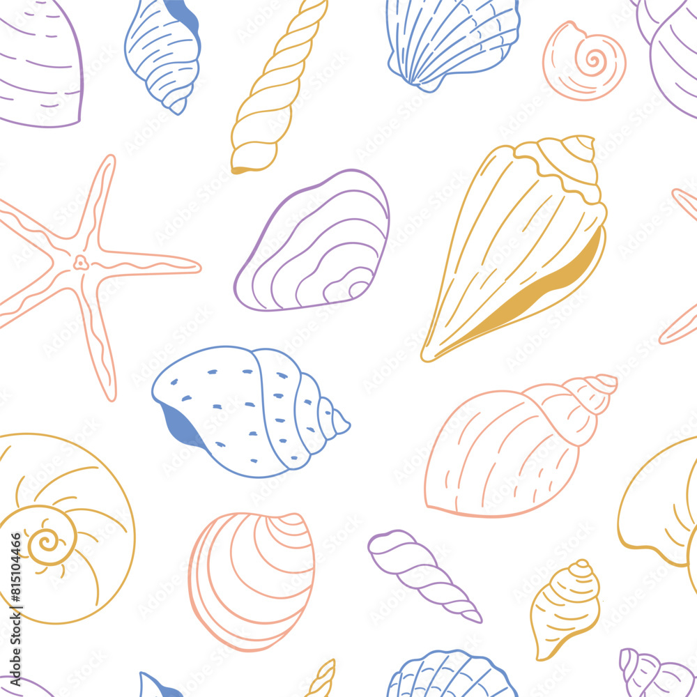 Seamless vector pattern with a variety of seashells. Seamless vector pattern with a variety of seashells.