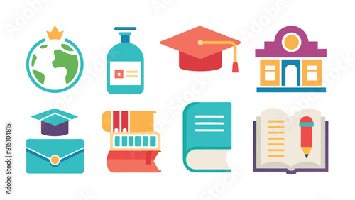 Education and Learning Icons Set with School, Graduation Cap, Books, and Knowledge Symbols