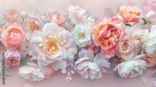 A soft array of peonies and roses set against a pale pink backdrop Pastel hue Ideal for greeting cards invites and postcards