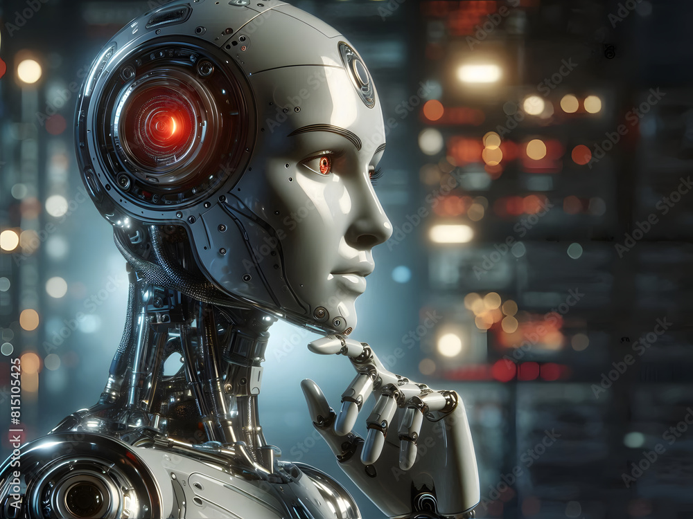 Humanoid robot in thoughtful pose on an out of focus technological background Humanoid robot in thoughtful pose on an out of focus technological background