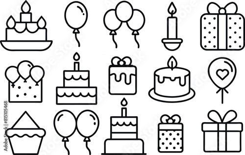 Black and white set of vector icons for birthday, happy birthday, gifts, balloons, cakes and candles
