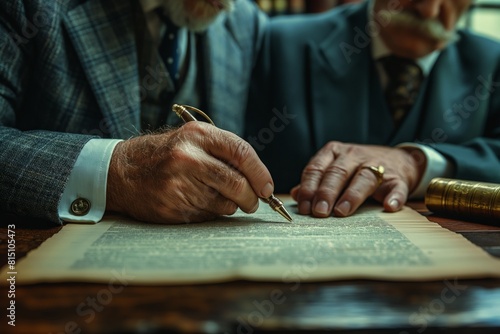 Elderly man signing vintage documents