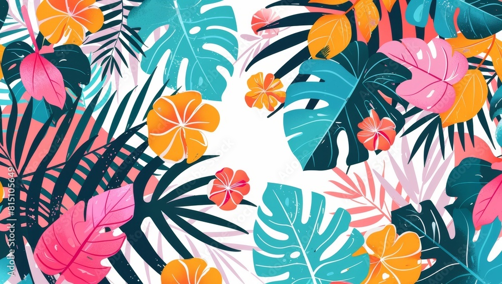 A vibrant pattern of tropical leaves and flowers in pink, teal blue, orange, and green on a white background Generative AI A vibrant pattern of tropical leaves and flowers in pink, teal blue, orange, and green on a white background Generative AI