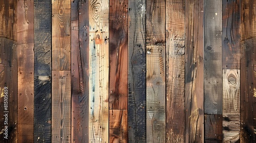 The photo shows a wooden wall with different shades of brown. The planks are arranged vertically and have a rough texture. photo