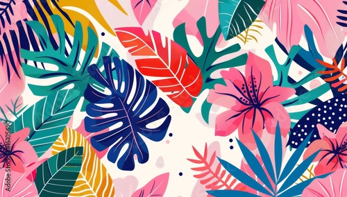 A vibrant and colorful pattern featuring tropical leaves, flowers, geometric shapes, and bold colors Generative AI