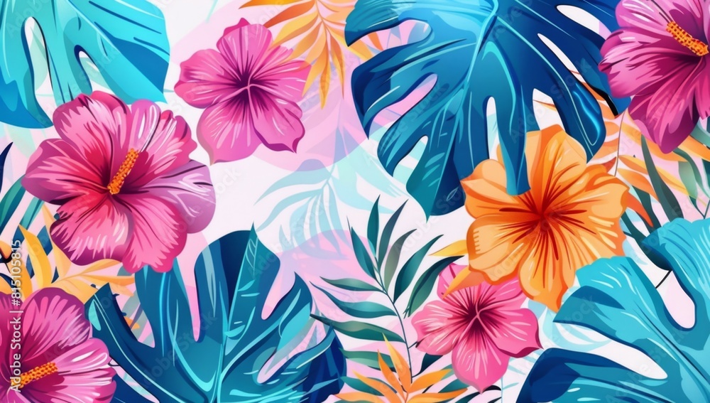 Tropical leaves and flowers in pink, turquoise blue, orange and red colors on a white background Generative AI Tropical leaves and flowers in pink, turquoise blue, orange and red colors on a white background Generative AI