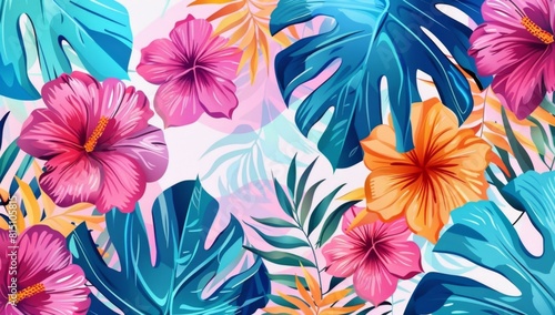 Tropical leaves and flowers in pink, turquoise blue, orange and red colors on a white background Generative AI